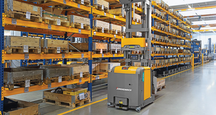 AGV automated stacker in warehouse aisle